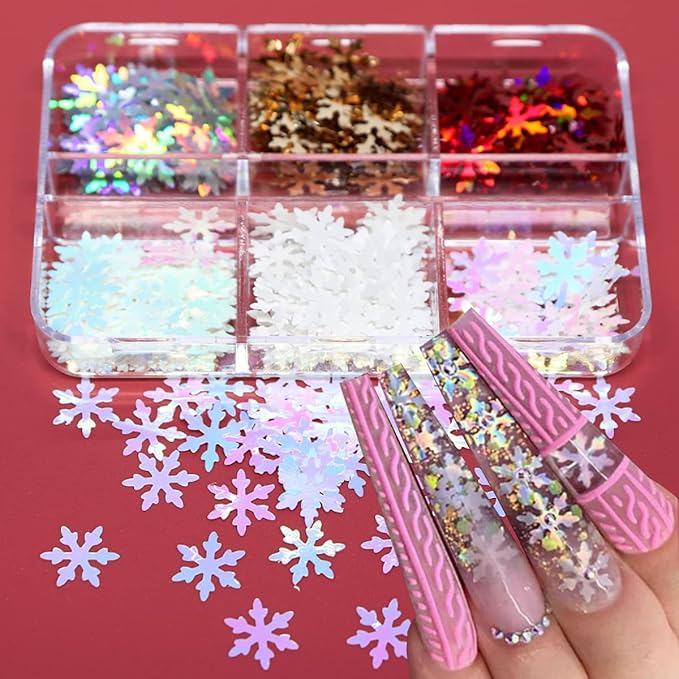6 Colors Snowflake Glitter Nail Sequins - Snowflakes 3D Nail Art Luxury Flakes Holographic Laser Snow Flakes Christmas Nail Glitters Xmas Winter Nail Stickers for Acrylic Nails Art Decorations Crafts