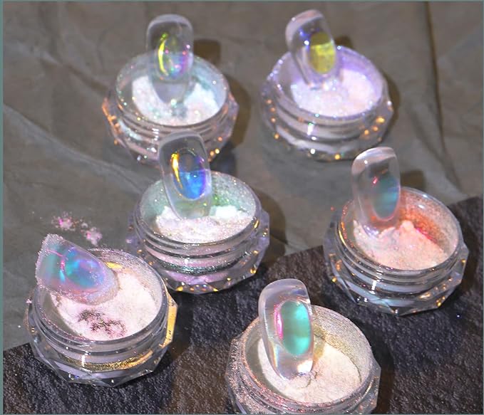 3 Boxes Ice Transparent Aurora Nail Powder Neon Rainbow Holographic Chameleon Powder Multi Chrome Iridescent Pigment Pearlescent Nail Art Glitters (Transparent #1#2#3)