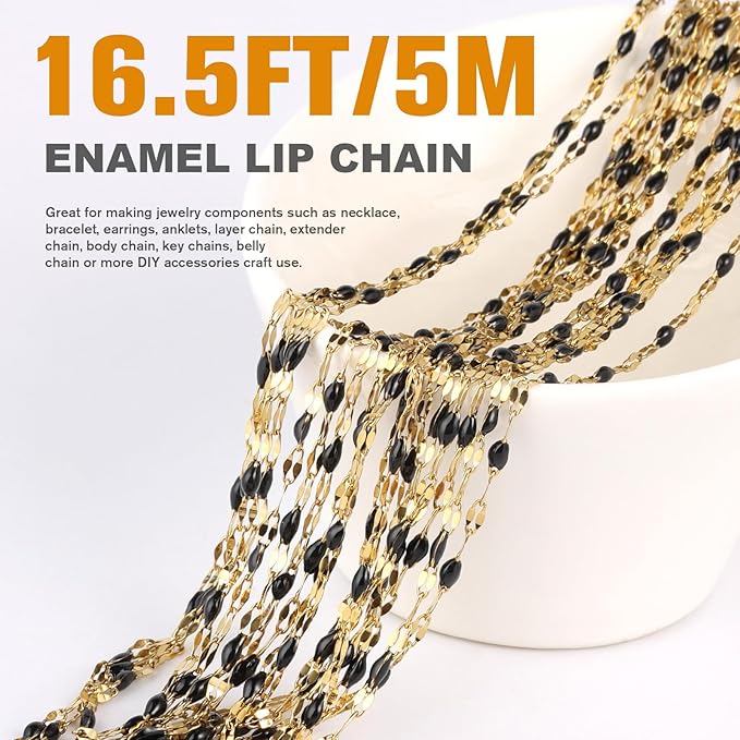 16.5FT Gold Black Enamel Dapped Chain Roll, 2MM 18K Gold PVD Plated Stainless Steel Enalem Lip Link Chains Spool Bulk for DIY Jewelry Making