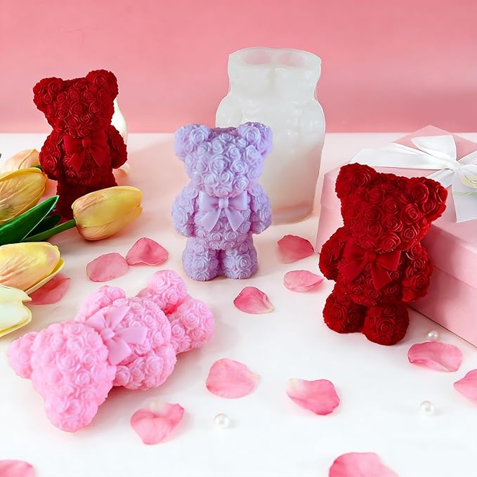 ZQYSING Standing Rose Bear Silicone Molds, 3D Cute Rose Bear Molds for Soap Candles Wax Epoxy Resin Casting Home Decor Valentine/Mother' Day/Wedding/Anniversary/Birthday Gifts