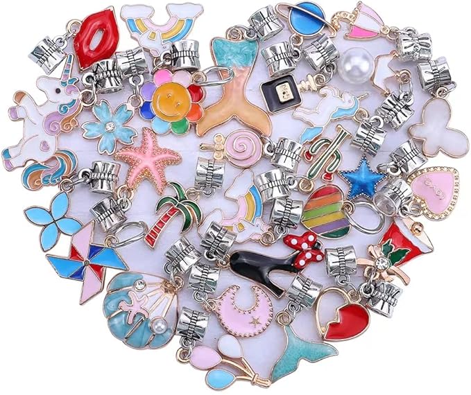 60 Pieces Assorted European Beads with Plating Silver Metal Alloy Rhinestone Large Hole Spacer Beads for DIY Charm Bracelet Jewelry Making (Alloy Coating Color Pendant)