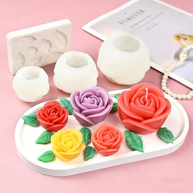 ZQYSING Rose Candle Molds, 4 Pcs Set of Large + Medium + Small 3D Rose Flower Silicone Molds with Leaf Mold for Candle Making, Epoxy Resin Casting, Wax Soap Clay Plaster Home Décor Handmade Gift