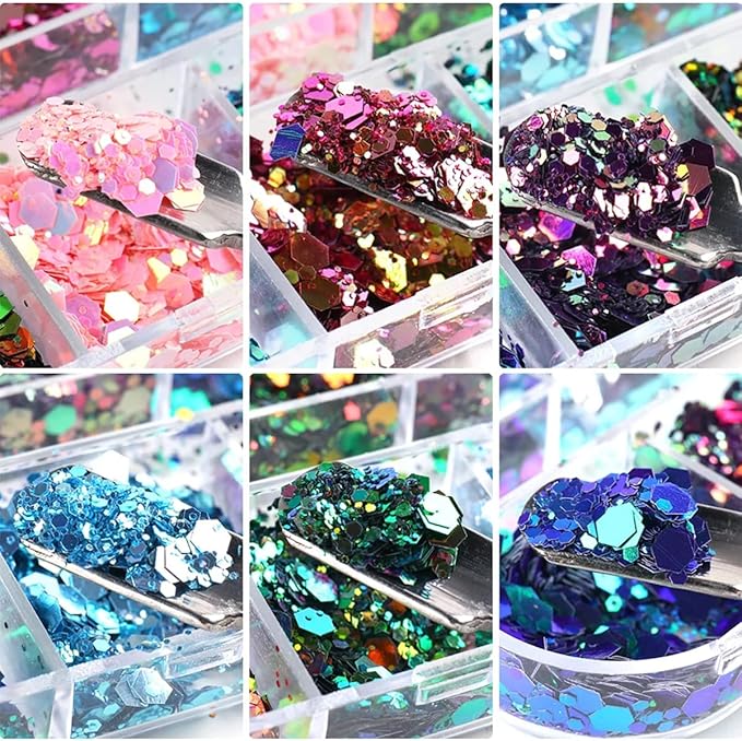 12 Grids Chameleon Nail Art Sequins Polygon Holographic Nail Supplies Bright Moving Nail Glitter Pattern Mermaid Nail Glitters Flakes Design 3D DIY Acrylic Nails for Women Manicure Powder Decorations