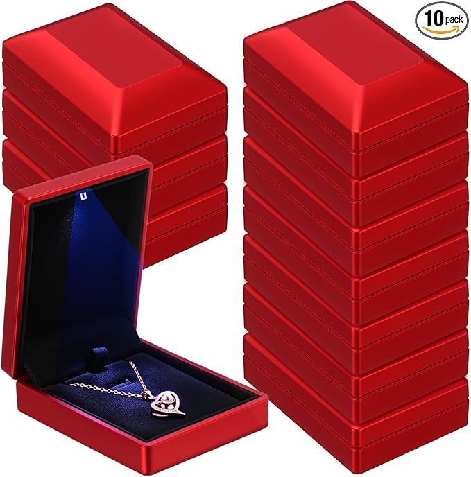 Landical 10 Pcs Pendant Necklace Box with LED Light Velvet Necklace Case for Pendant Bracelet Ring Earring, Jewelry Storage (Red)