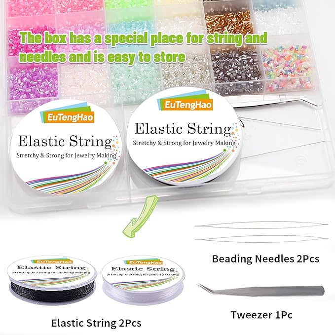 EuTengHao 16800pcs Tube Beads Kit Glass Bugle Seed Beads Small Craft Beads for DIY Crafting Jewelry Making Supplies (3mm, 350 Per Color, 48 Colors)