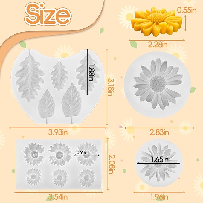 ZQYSING 4 Pack Daisy Silicone Molds with Leaf Mold, Set of Large + Medium + Small + Mini Daisy Flower Molds for Candles Wax Soap Epoxy Resin Plaster Fondant Chocolate Cake Cupcake Topper Decoration