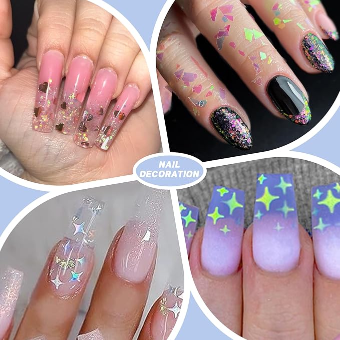 AddFavor 4 Boxes Holographic Nail Glitter Mixed Butterfly Heart Star Sequins Iridescent Flakes Fruit Nail Slice for Nail Art Decorations Supplies