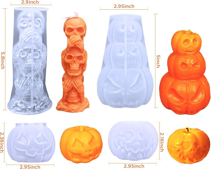 TOPYS 4Pcs Halloween Ghost Candle Silicone Molds Set, DIY 3D Halloween Pumpkin Skull Candle Making Wax Moulds Gypsum Ornament Resin Soap Molds Casting Art Home Decor