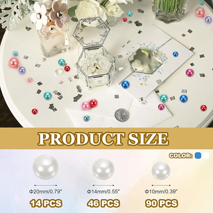 MECCANIXITY 150 Pcs Pearl Bead for Vase Filler, 20/14/10mm Faux Pearl Floating Beads Makeup NO Hole for Candles Centerpieces Table Scatter Wedding Home Decoration(Bright Blue White)