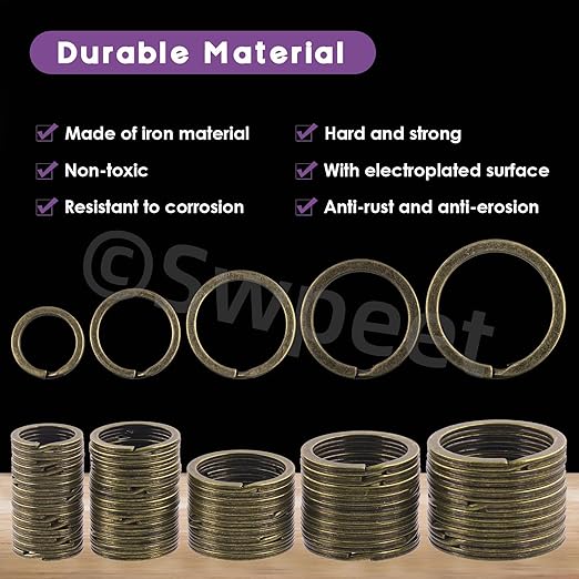 Swpeet 60 Pcs Bronze Assorted Multi-Purpose Metal Keychain Rings Split Keyrings Flat O Ring for Home Car Keys Attachments Keys Pendants - 20mm, 25mm, 30mm, 35 mm, 38 mm