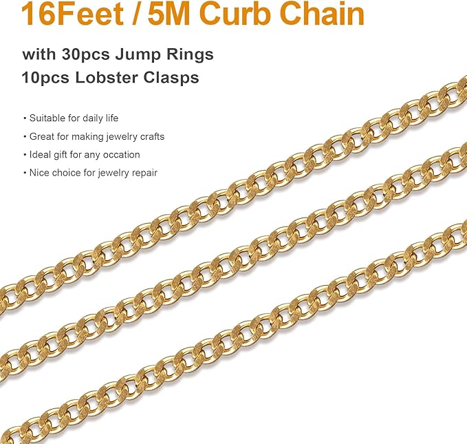 Kyutong 16.4 Feet Gold Plated Craft Chains for Jewelry Making Stainless Steel Curb Chain Roll for Women Men Necklace Bracelet DIY Supplies Findings