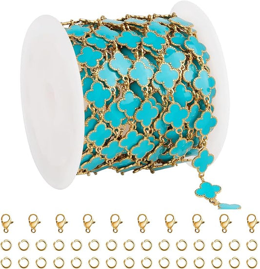 GTVOODX 18K Gold Stainless Steel Chain Bulk 9.8 Feet Unfinished 8mm Blue Enamel Four Leaf Clover Link Chains Spool Bulk for Women Jewelry Making with Lobster Clasps Jump Rings