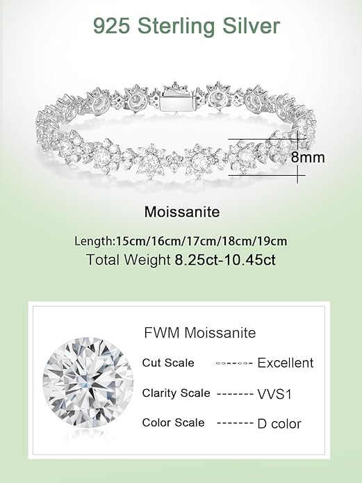 D Color VVS1 Clarity Moissanite and Genuine Sapphire/Emerald/Ruby Tennis Bracelets for Women 2.22ct-10.45ct, Solid 925 Sterling Silver, Anniversary Wedding Valentines Jewelry for Her, Length 5.9-7.5 Inch(15-19cm)