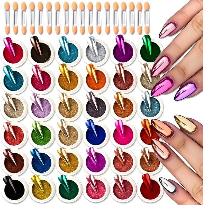 36 Jars Chrome Nail Powder Kit, Metallic Mirror Chrome Powder Pigment for Gel Nails, Holographic Mirror Glitter Rub Dust Set for Nail Art Decoration Home DIY Salon Use