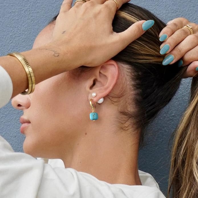 Gold Plated Huggie Hoop Earrings with Charms Fashion Pearl Drop Dangle Earrings for Women Handmade Karma Circle Jewelry for Ladies Lightweight Pearl Earrings on Christmas