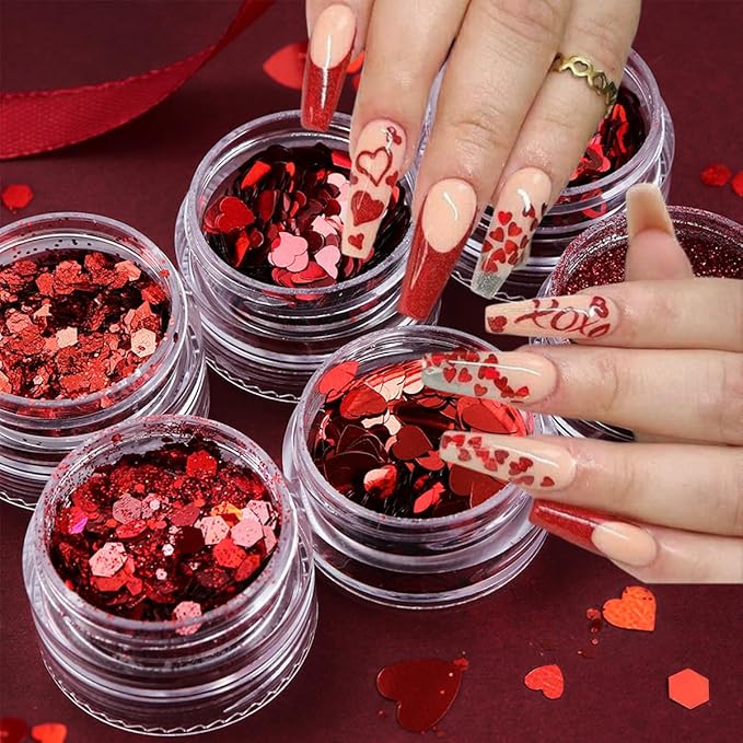 6Pcs Valentines Nail Art Glitter Flake 3D Red Nail Sequins Heart Shaped Nail Art Decoration Holographic Valentine’s Day Nail Glitter Decals Romantic Red Powder Flakes for Body Makeup Nails Accessories