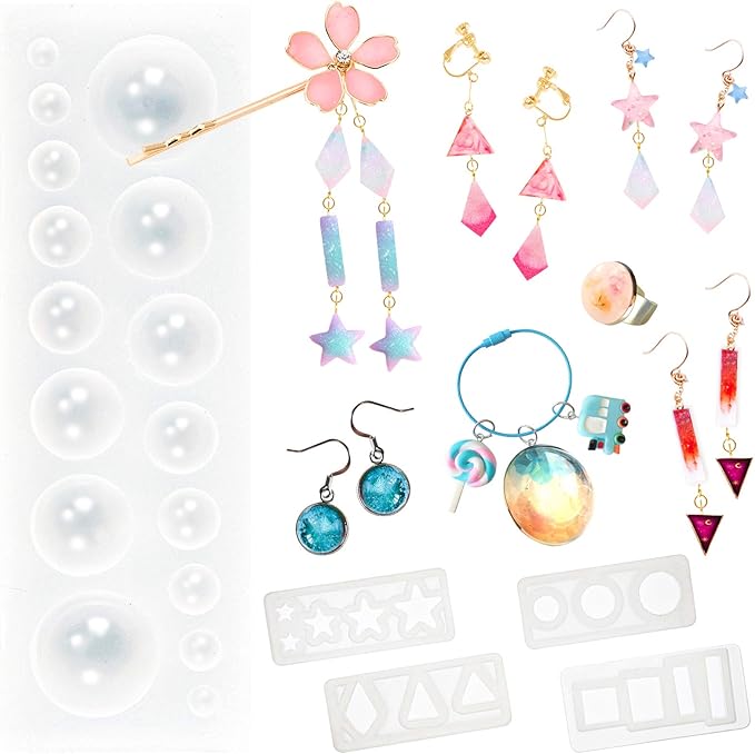 FUNSHOWCASE Cabochon Gemstone Silicone Mold for Fondant Cake Decoration, Polymer Clay Craft, UV Resin Epoxy Casting, Jewelry Making Shapes of Dome Circle Star Triangle Square Rectangle Bar 31-Cavity