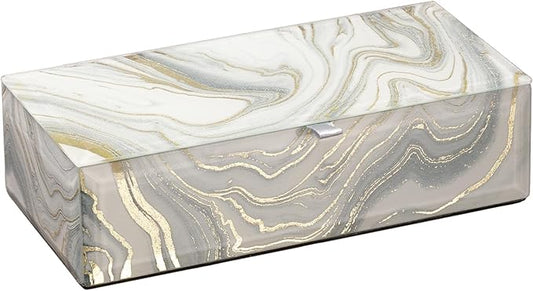 Glass Jewelry Box for Women, Girls Velvet Lined Jewelry Organizer Storage Case for Earrings, Rings, Bracelets, Perfect Birthday, Wedding & Christmas Gift (White Marble Pattern)