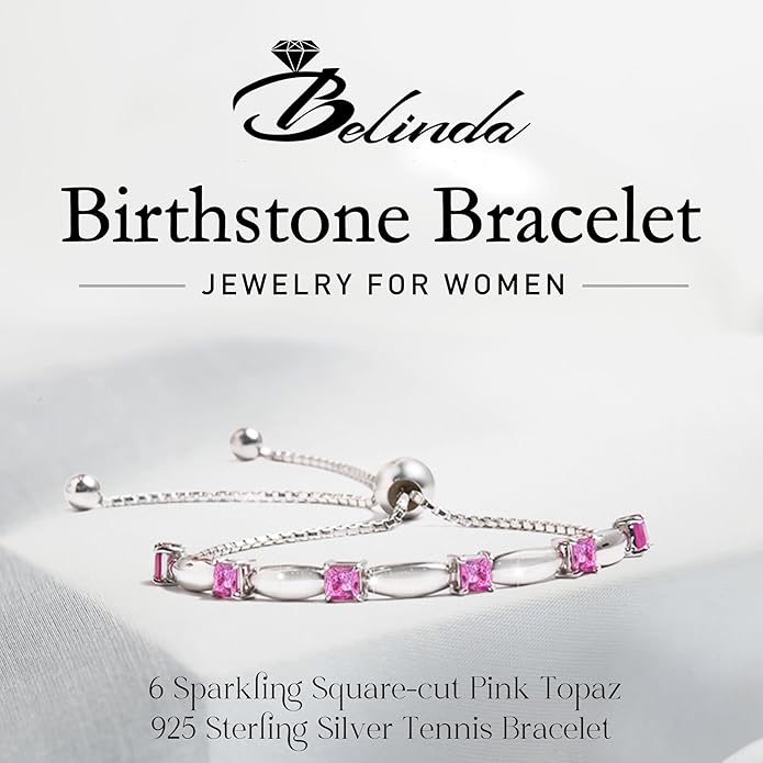 Fine Bracelet Tennis Style Pull String Birthstone Jewelry Gift for Women 925 Sterling Silver Square Sparkling Bolo Gemstone Jewelry Adjustable Bracelets