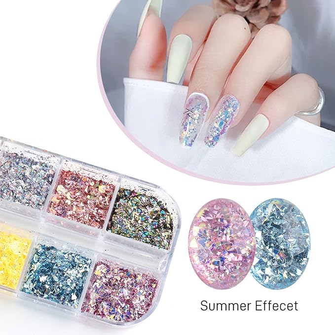 12 Colors Glitter Art Sequins, Holographic Irregular Sparkly Flakes Designs, 3D Laser Ultra-Thin Shiny Acrylic Nail Supplies for Women Girls Manicure Charms Decorations, Crafts