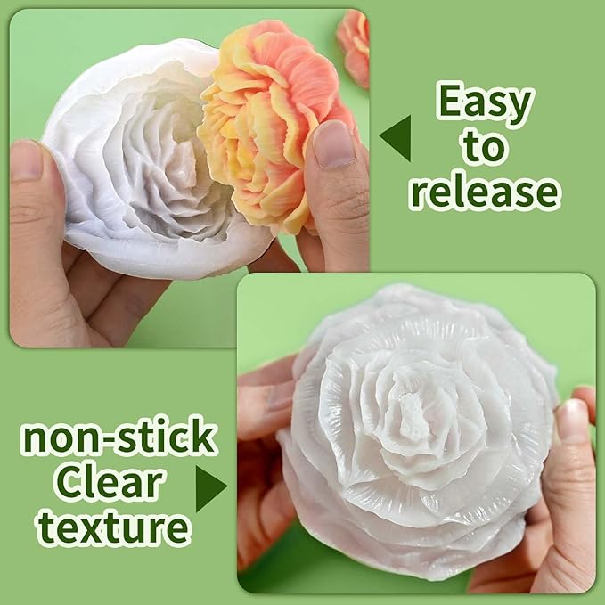 ZQYSING 3 Pcs Peony Candle Mold for Candle Making, Set of Large + Medium +Small 3D Peony Flower Silicone Molds for Epoxy Resin Casting Wax Soap Clay Plaster Home Décor Handmade Gift