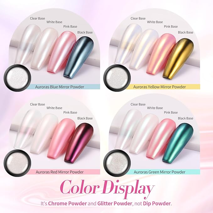 Born Pretty Chrome Nail Powder Metallic Mirror Effect Pigment Iridescent Mermaid Pearl Auroras Nail Powder Glitter Dust Kit for Gel Polish Nail Art Decoration