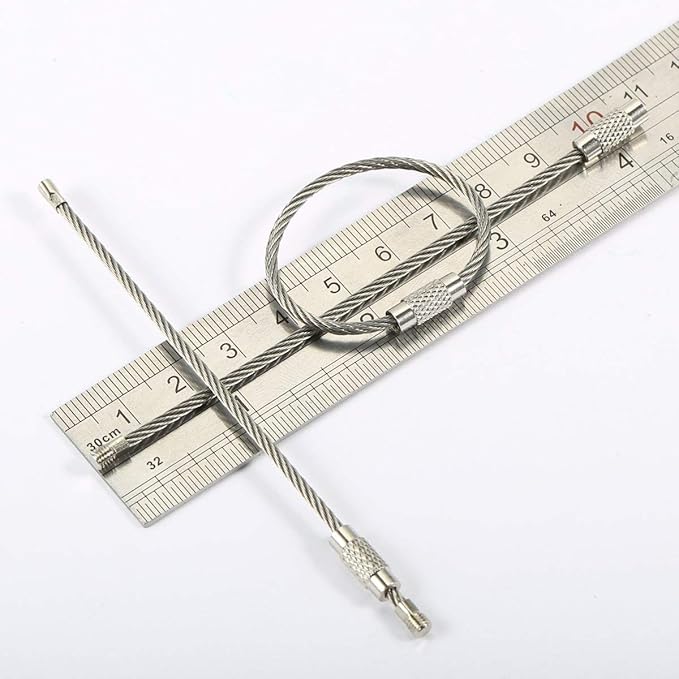 bayite Pack (100) Stainless Steel Wire Keychains Cable, Key Chain Rings, Heavy Duty Luggage Tags Loops Tag Keepers 2mm Twist Barrel (Cable Length: 4 inches)