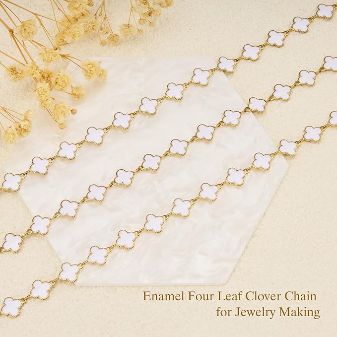 GTVOODX Gold Plated White Enamel Clover Link Chain 9.8 Feet Stainless Steel Craft Chain Bulk for Women DIY Jewelry Making with Lobster Clasps Jump Rings