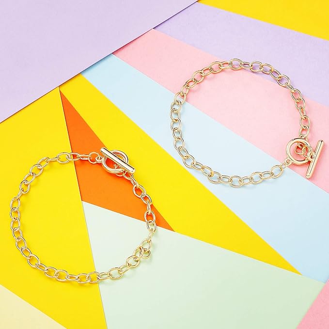 Hicarer 45 Pieces Bracelet Chains with OT Toggle Clasp Stainless Steel Bracelet Link Chains DIY Jewelry Making Supplies for Women Jewelry Crafts(Gold)