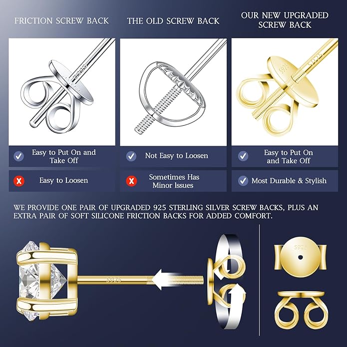 Moissanite Earrings for Men Women, 0.2ct-3.0ct Men 925 Sterling Silver Earrings, Round Cut Diamond Stud Earrings for Women