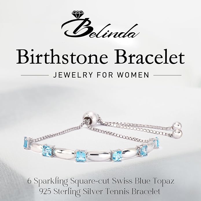 Fine Bracelet Tennis Style Pull String Birthstone Jewelry Gift for Women 925 Sterling Silver Square Sparkling Bolo Gemstone Jewelry Adjustable Bracelets