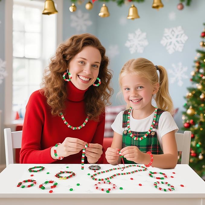 UPINS 1200Pcs Christmas Pony Beads,Glitter Red Green Transparent Pony Beads Bulk for Necklace Bracelets Earrings Jewelry Making Party Decoration Supplies DIY Craft