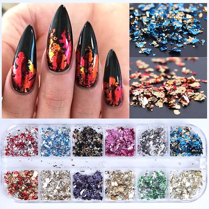 12 Colors Glitter Sequins 3D Holographic Aluminum Foil Nail Glitter - Sparkling Ultra-Thin Gold Foil Sparkles for DIY Women Makeup Party