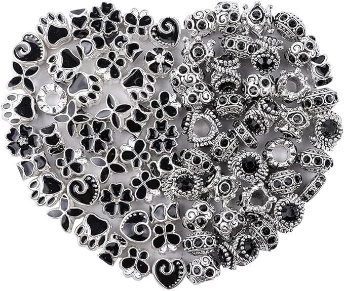 60 Pieces Assorted European Beads with Plating Silver Metal Alloy Rhinestone Large Hole Spacer Beads for DIY Charm Bracelet Jewelry Making (Black)