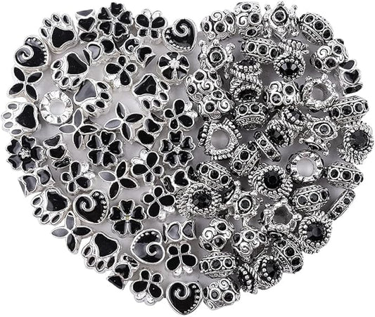 60 Pieces Assorted European Beads with Plating Silver Metal Alloy Rhinestone Large Hole Spacer Beads for DIY Charm Bracelet Jewelry Making (Black)
