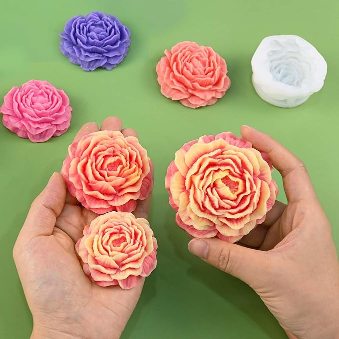 ZQYSING 3 Pcs Peony Candle Mold for Candle Making, Set of Large + Medium +Small 3D Peony Flower Silicone Molds for Epoxy Resin Casting Wax Soap Clay Plaster Home Décor Handmade Gift