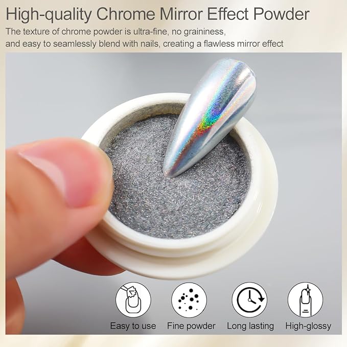 Chrome Nail Powder Set - 12 Colors Chrome Powder for Nails White Pearl Mirror Effect Gold Silver Champagne Metallic Holographic Dip Nail Powder Kit Glitter Pigment for Manicure Decor