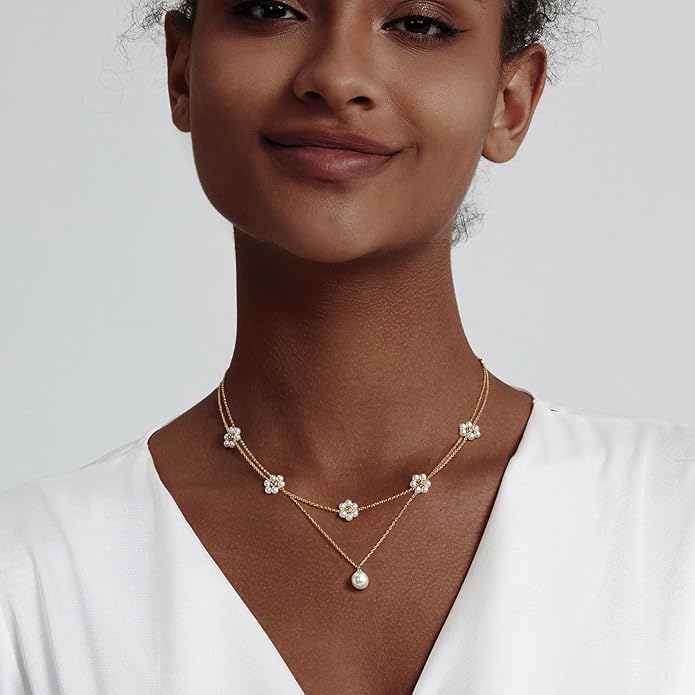 Pearl Necklaces for Women 14K Gold Plated Dainty Layered Single Pearl Necklace Simple Daisy Pearls Choker Cute Gold Necklace Stack Jewelry Sets for Women Trendy Gifts