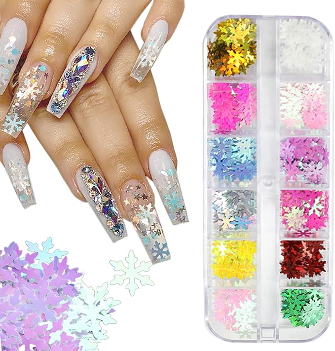Holographic Snowflake Glitter Nail Art Sequins, 12 Colors Winter Snowflake Sparkly Nail Flakes Acrylic Nails Supplies for Women Girls Manicure Charms Decorations, DIY Christmas Nail Art Tips