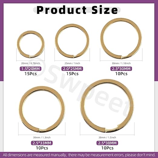 Swpeet 60 Pcs Gold Assorted Multi-Purpose Metal Keychain Rings Split Keyrings Flat O Ring for Home Car Keys Attachments Keys Pendants - 20mm, 25mm, 30mm, 35 mm, 38 mm