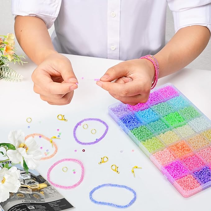 Vtssvow 3mm Glass Seed Beads for Bracelets Making, 28 Colors 11000pcs Friendship Bracelet Making Kit, Small Glass Beads for Jewelry Making (Mix 28 Color, Pastel)