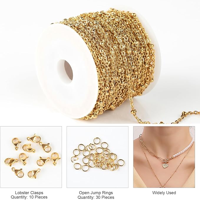 Kyutong 10M Gold Stainless Steel Jewelry Chain in Bulk Beaded Cable Link Chain Roll with Jump Rings and Lobster Clasps for DIY Jewelry Making Supplies