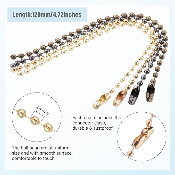 Hicarer 200 Pack Colored Bead Keychain Metal Hanging Chains 4.72 Inch Keychains Necklace Connector for Hanging Ornament Jewelry Tag (Metallic Color)