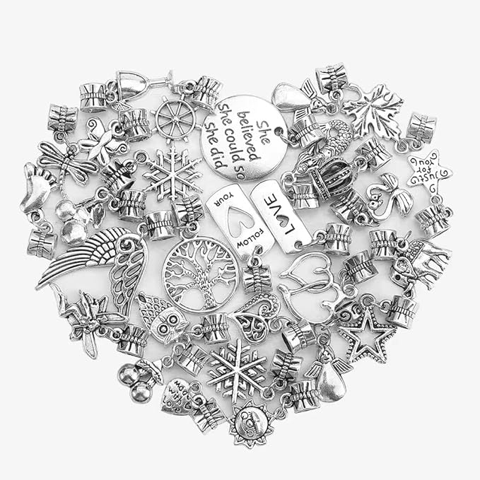 60 Pieces Assorted European Beads with Plating Silver Metal Alloy Rhinestone Large Hole Spacer Beads for DIY Charm Bracelet Jewelry Making (Alloy Pendant)