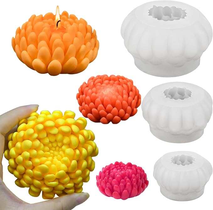 3 Pack Flower Candle Molds, Fall Candle Molds Set of Large + Medium + Small 3D Plant Chrysanthemum Silicone Mold for Candles Wax Soap Epoxy Resin Clay Plaster Christmas Home Décor Handmade Gift