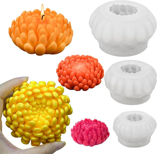 3 Pack Flower Candle Molds, Fall Candle Molds Set of Large + Medium + Small 3D Plant Chrysanthemum Silicone Mold for Candles Wax Soap Epoxy Resin Clay Plaster Christmas Home Décor Handmade Gift