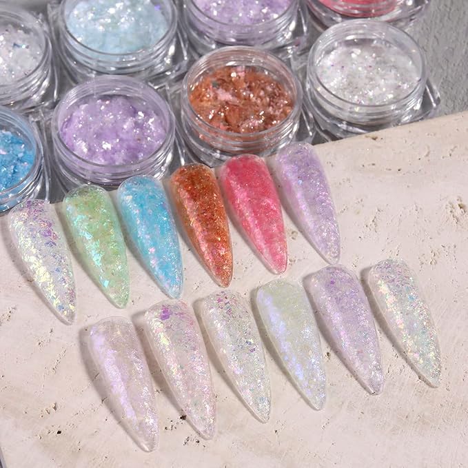 Holographic Nail Art Glitter Iridescent Flakes, 12 Colors Aurora Irregular Opal Nail Foil Flakes Ultra-Thin Nail Glitters Sequins Manicure Decorations for DIY Gel Polish Nail Art, Resin Craft, Gifts