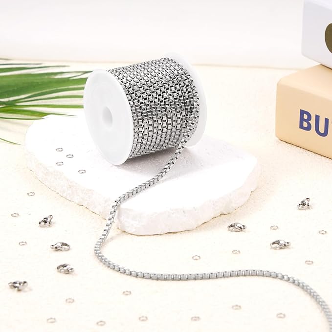 GTVOODX 16.4 Feet Textured Box Chain for Jewelry Making Silver Stainless Steel Craft Necklace Chains Bulk for Men Women DIY Bracelet with Lobster Clasps and Jump Rings