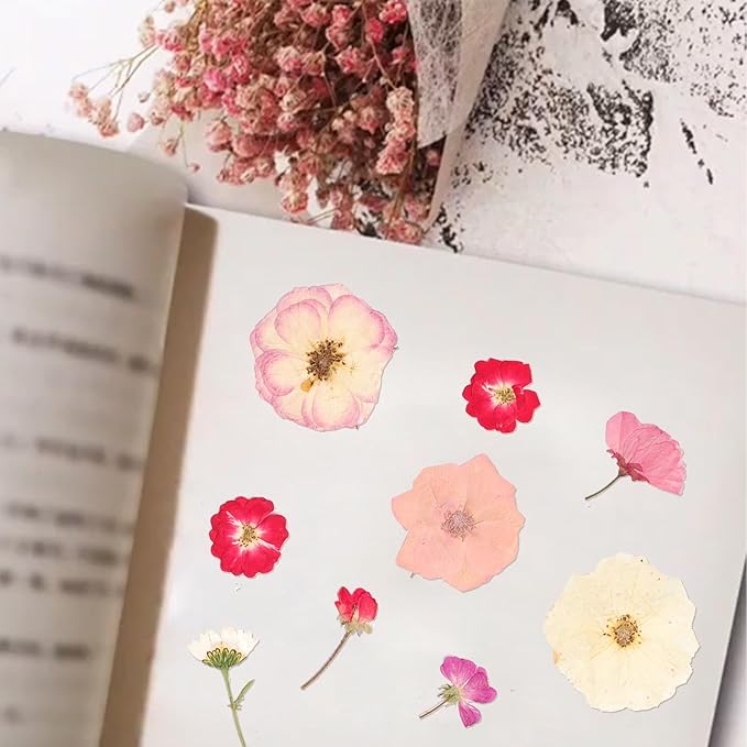 50Pcs Dried Pressed Flowers Real Pressed Flowers Natural Dry Leaves Bulk Mixed Colorful Herbs Kit with Tweezers for Scrapbooking DIY Candle Jewelry Crafts Making Nails (Pink)