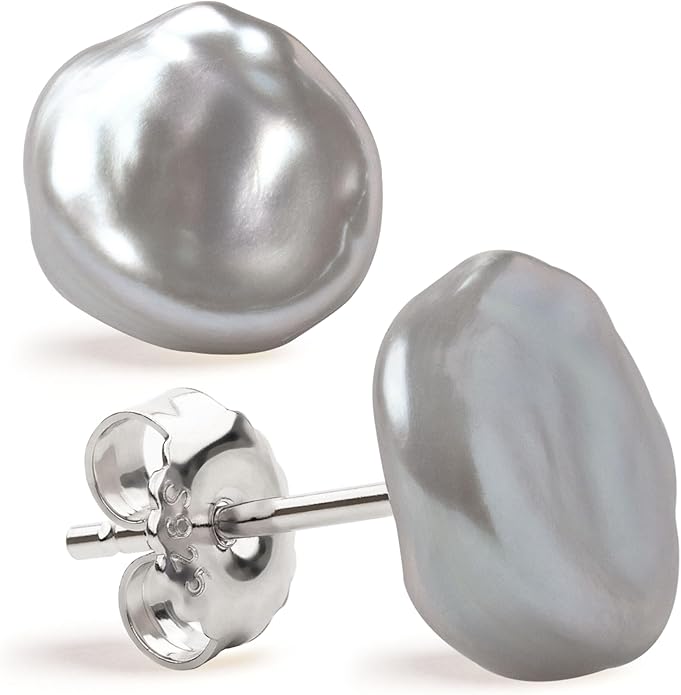 Woman Pearl Earrings Freshwater Cultured Keshi Pearls in White and Gray by SECRET & YOU | Sterling Silver 925 | Available in 10 sizes from 7-8 mm to 15-16 mm